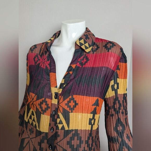Point Zero Nicole Benisti Vintage Sheer Blouse – Tribal Print Pleated Top – Size - Picture 11 of 12